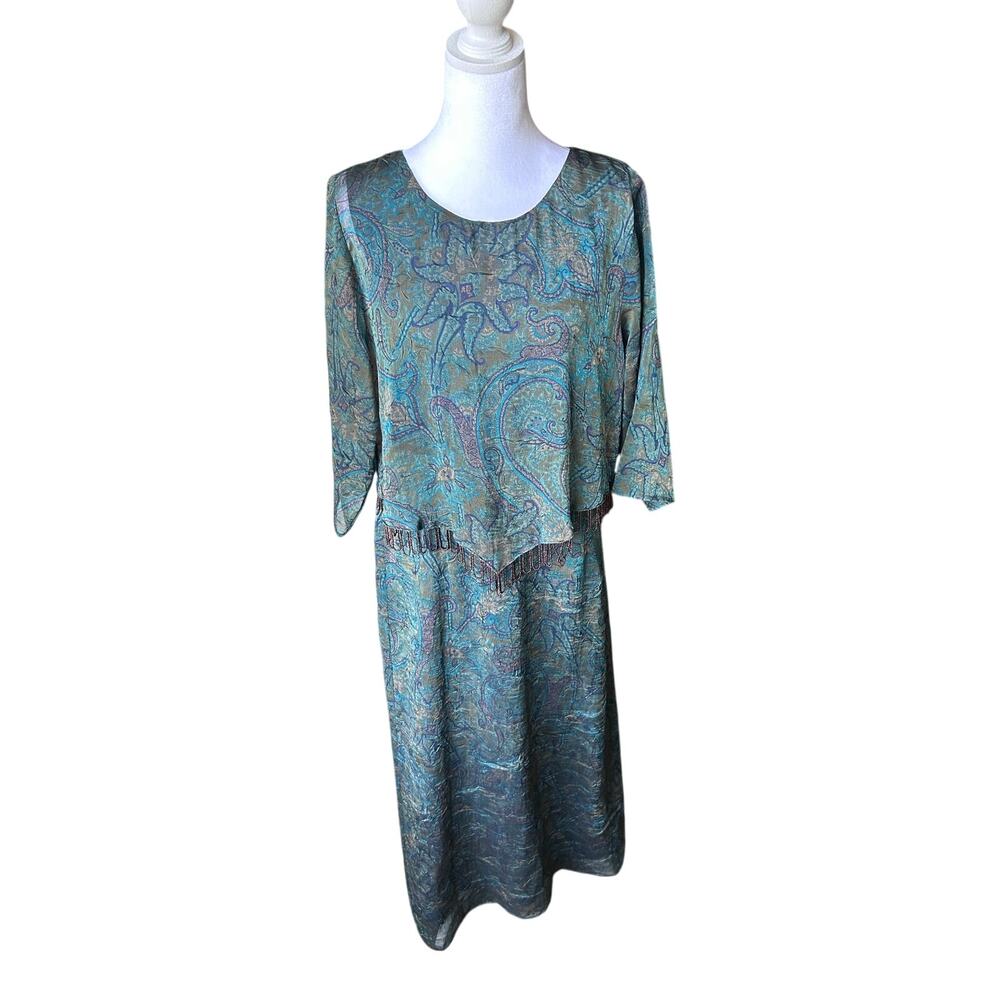 Vintage Carol Anderson California Teal Blue Paisley Fringe Maxi Dress Womens M